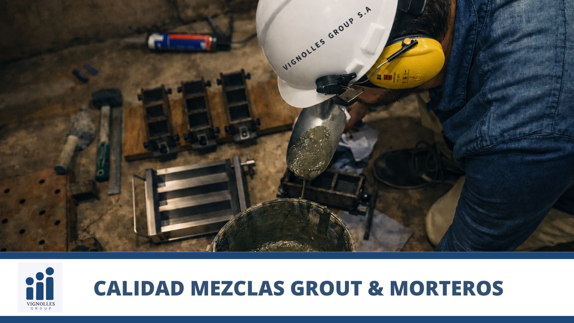 Técnico laboratorista capacitado realizando ensayos de Control de Calidad de Morteros & Grout en estado Fresco en obra Industrial
